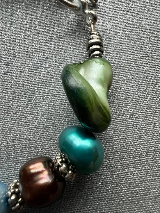 Handmade Multicolor Green and Pearl Tone Beaded 3” Bracelet - Picture 7 of 12